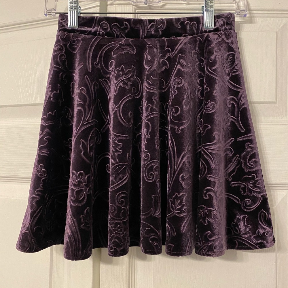 Purple velour skater skirt embossed with vines and berries. Adorable on.